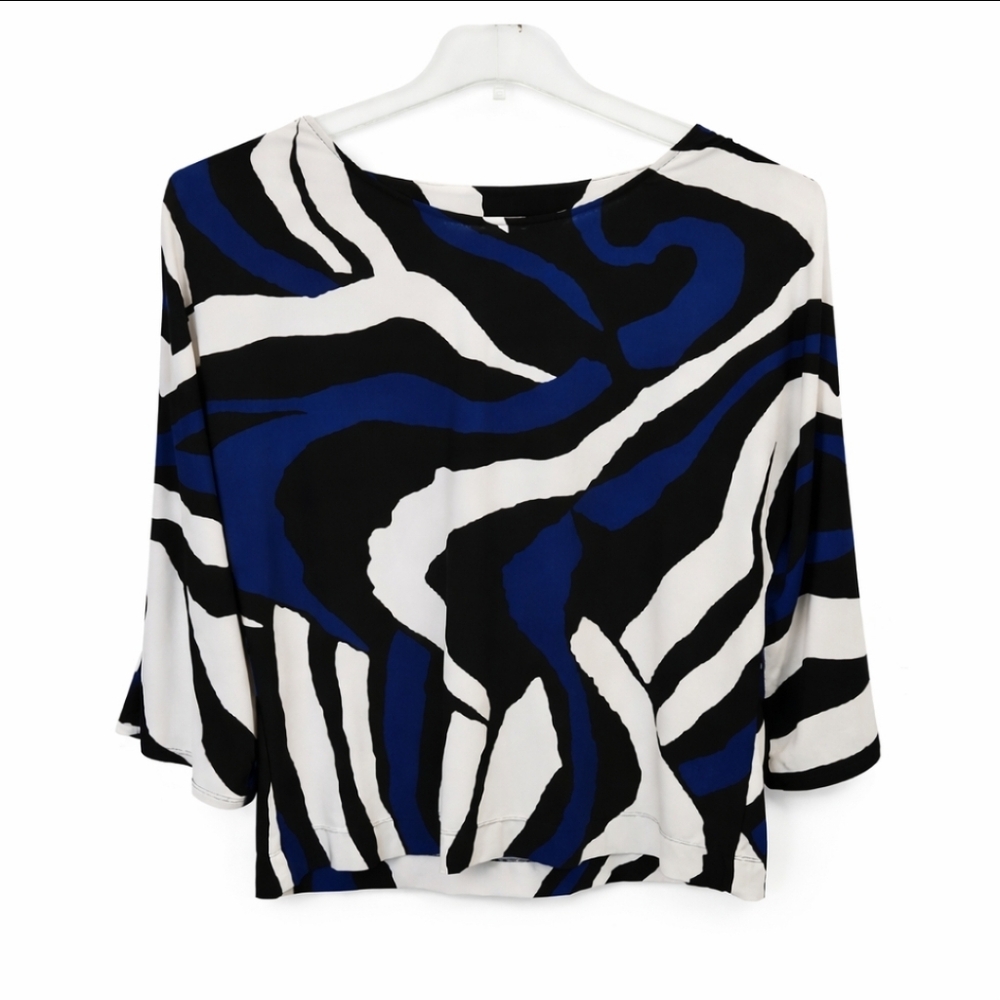 Chicos Black And Blue Abstract Design Cold Shoulder Pullover Top Sz 2 (Lg)